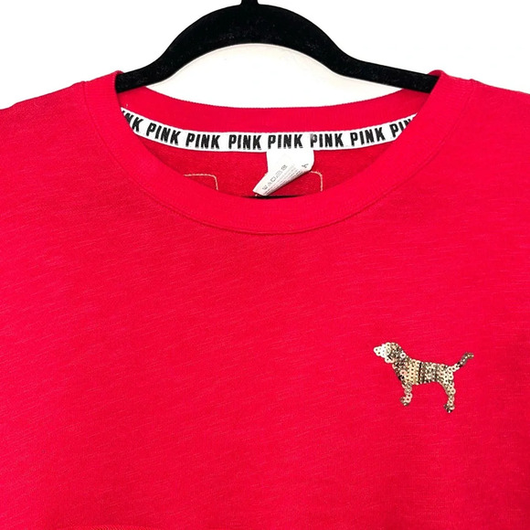 PINK Victoria’s Secret Red Gold Sequin Oversized Campus Sweatshirt Xsmall Women - Picture 2 of 12